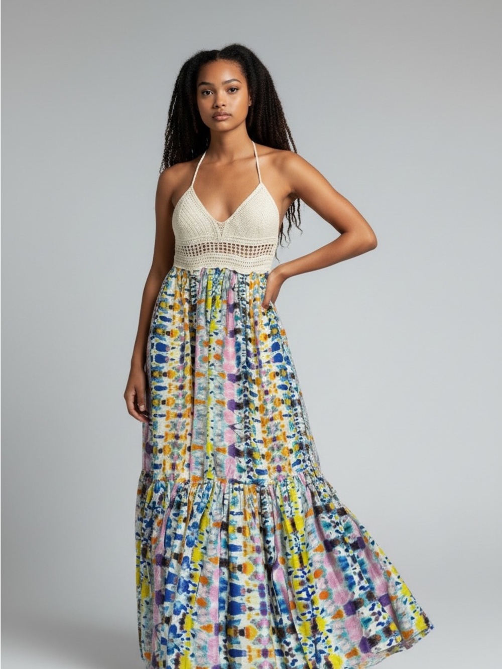 NWOT AQUA Crochet Halter Watercolor Tie Dye Tiered Maxi Dress Medium